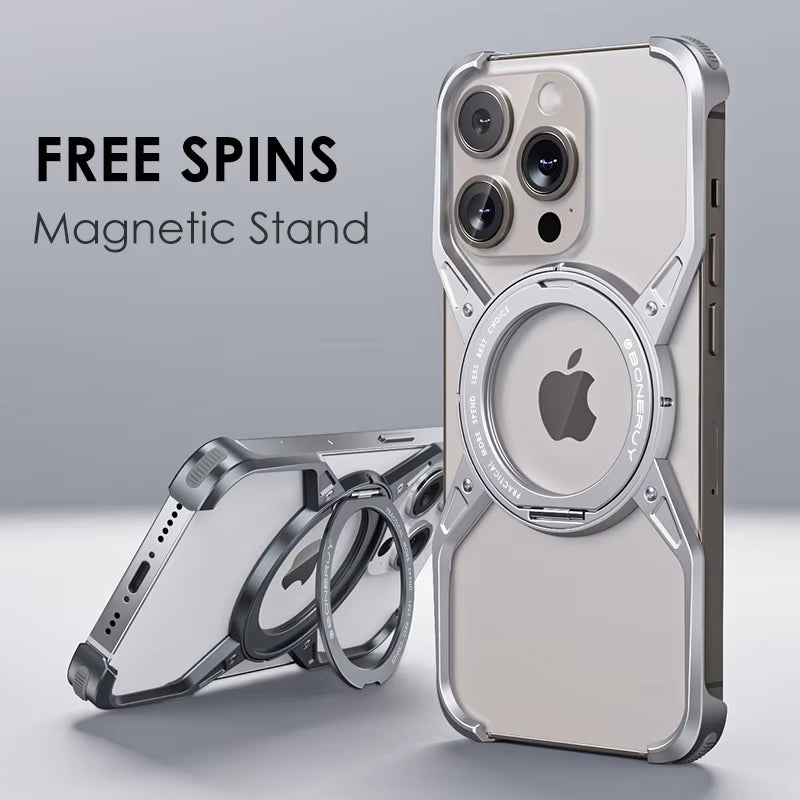 Rimless Metal Case for iPhone with 360° Stand & MagSafe Compatibility