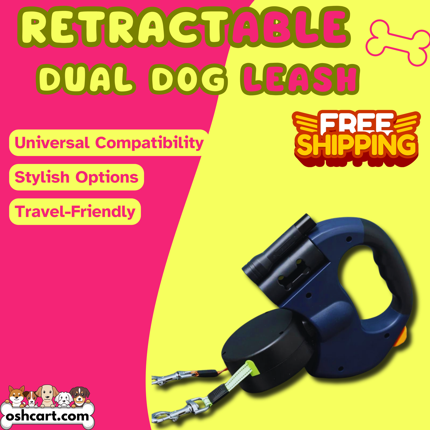 OshCart™ Retractable Dual Dog Leash