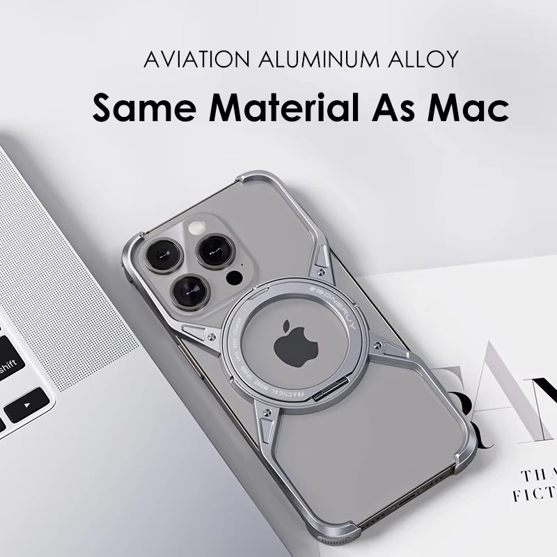 Rimless Metal Case for iPhone with 360° Stand & MagSafe Compatibility