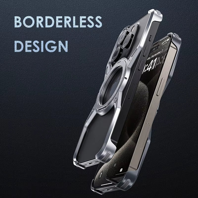 Rimless Metal Case for iPhone with 360° Stand & MagSafe Compatibility