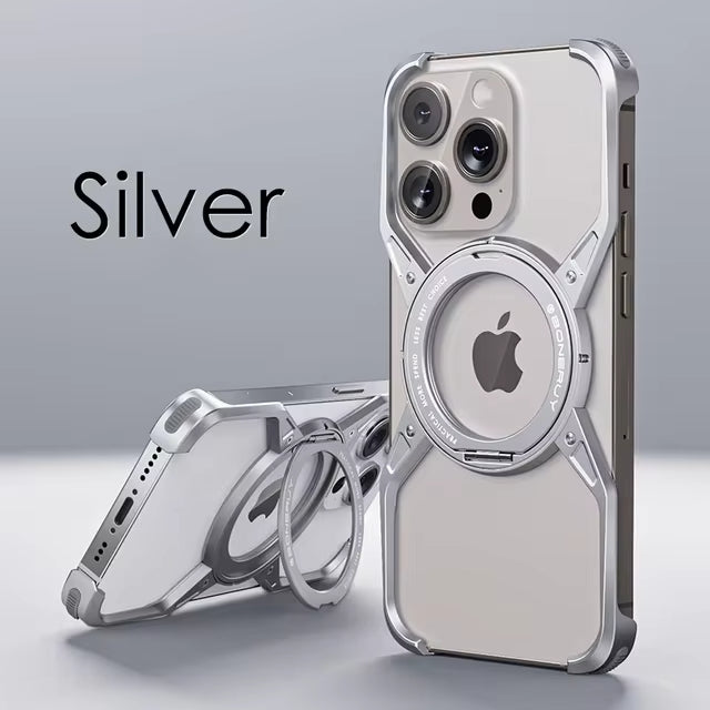 Rimless Metal Case for iPhone with 360° Stand & MagSafe Compatibility