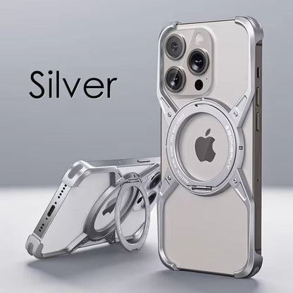 Rimless Metal Case for iPhone with 360° Stand & MagSafe Compatibility